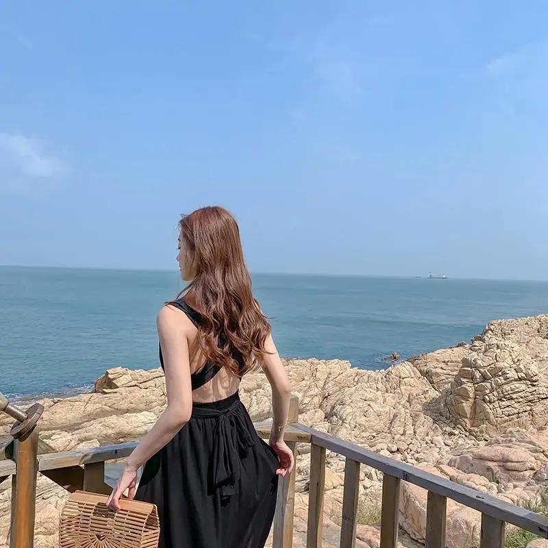 2021 summer women's dress black sexy thin backless dress seaside vacation beach skirt long skirt fairy