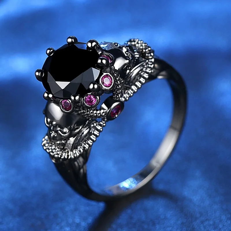 

Punk style black zircon women's ring non mainstream zircon hand jewelry Retro Black Gold Skull Ring women's ring