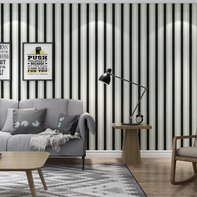 195016 Striped Wallpaper Flocking Black Silver Metallic Flocked