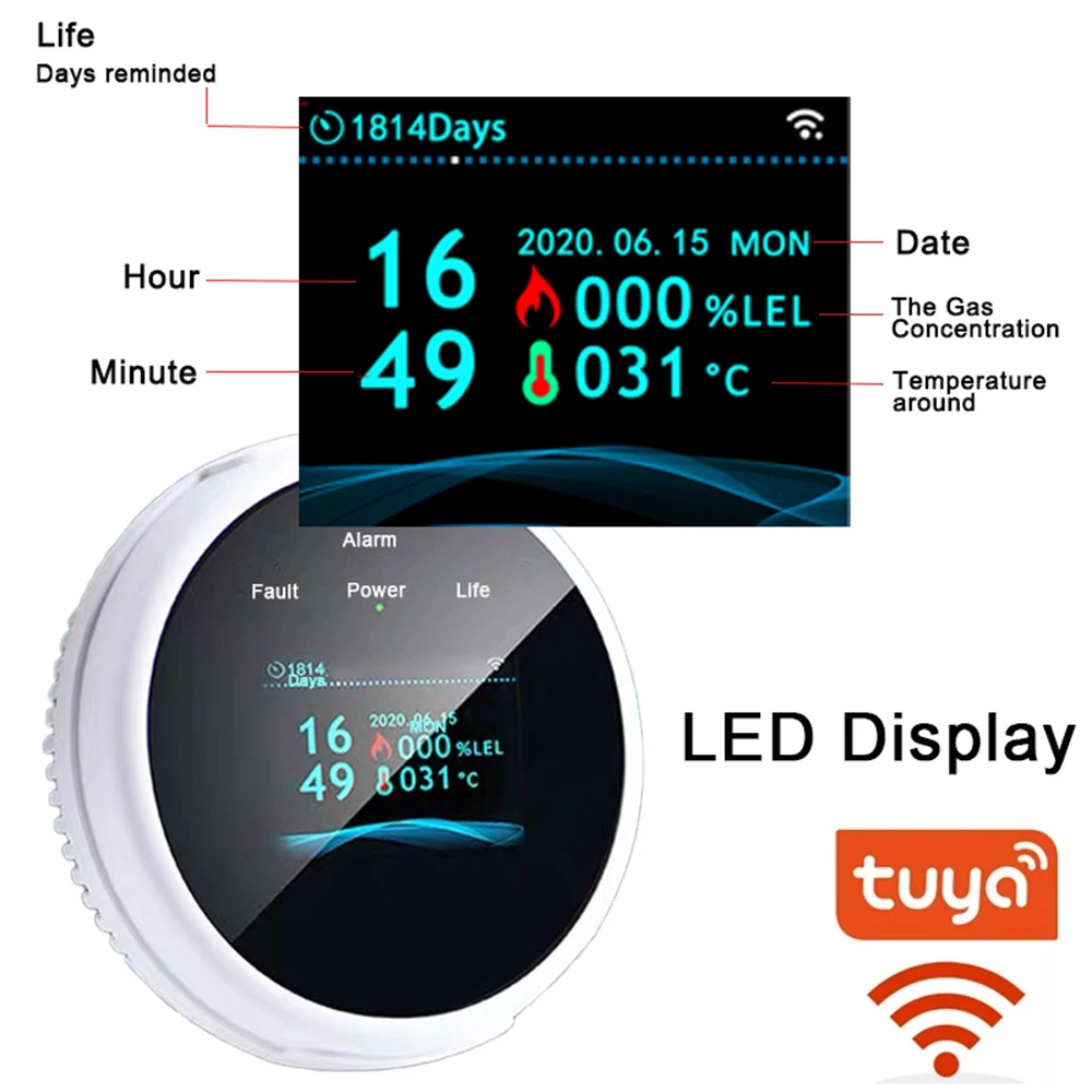 Tuya Wifi Smart Natural Gas Alarm CH4 Sensor Heat Detector With Temperature Function Combustible Gas Leak Alarm App Control LED security alarm keypad