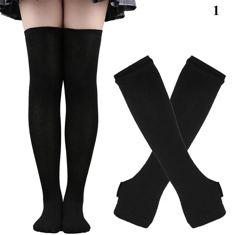 Chic Stripe Printed Thigh-High Cotton Socks and Arm Sleeve Set