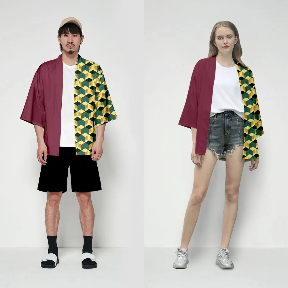 Kimono Men Shirt Casual Cardigan Streetwear Harajuku Japanese Fashion Square color matching Print Coat Jackets Asian Clothes