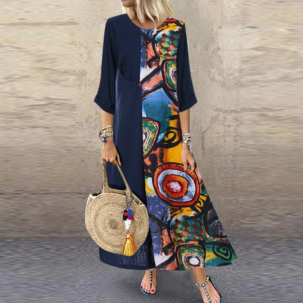 FREE OSTRICH Autumn Dress Winter Loose Print Mid Length Beach Dresses Women O Neck Party Dress Retro Hippie Vestidos 807