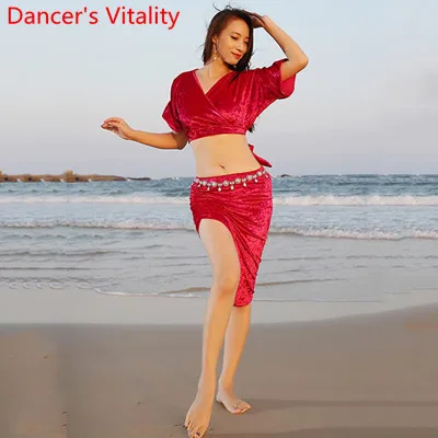 Top Skirt as Photo Женская тренировочная одежда для танца живота, зимний велюровый топ с v-образным вырезом, сексуальная юбка с разрезом, для восточных индийских танцев, для выступлений, тренировочный наряд - Цвет: Top Skirt as Photo