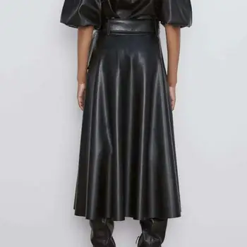 

Women High Waist With Belt Faux Leather Skirts Lady Gothic Style Maxi Black A-Line Skirts Autumn Winter Long Skirts
