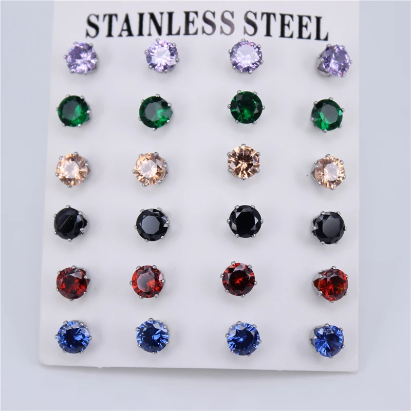 Diameter 6MM 12pair Нержавеющая сталь ювелирные изделия 12 пар/компл. множество различных цветовых Диаметр с диагональю экрана 3-6 мм высокое качество серьги с цирконием кубической огранки для Для женщин ZN29 - Окраска металла: Diameter 6MM 12pair