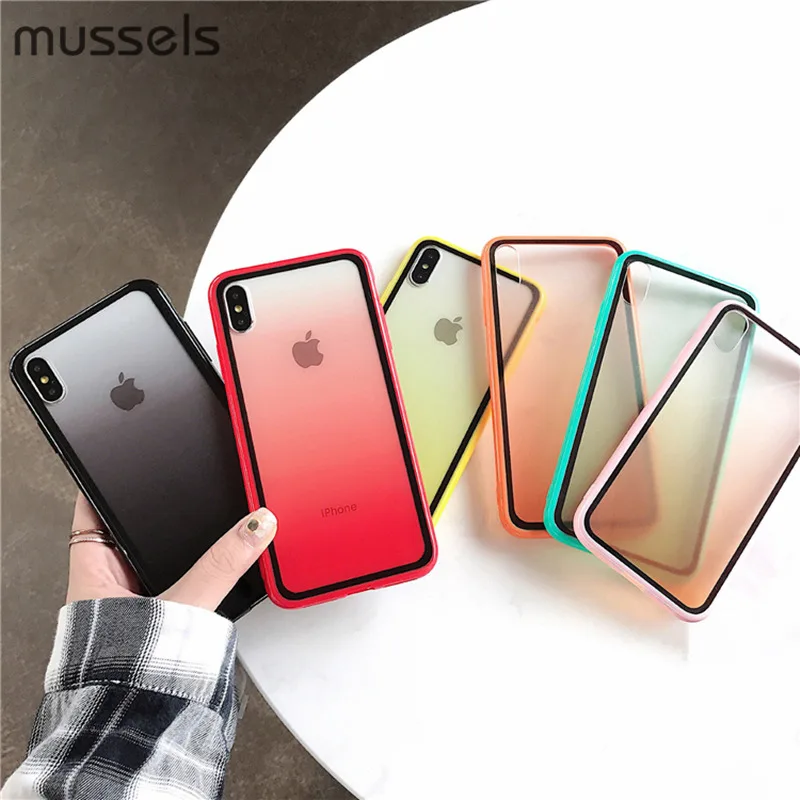 

MUSSELS Gradient Transparent phone cases Cover For iphone Xs Max XR X 7 8 6 6s plus Case Silicone Candy Acrylic Glass Back cover