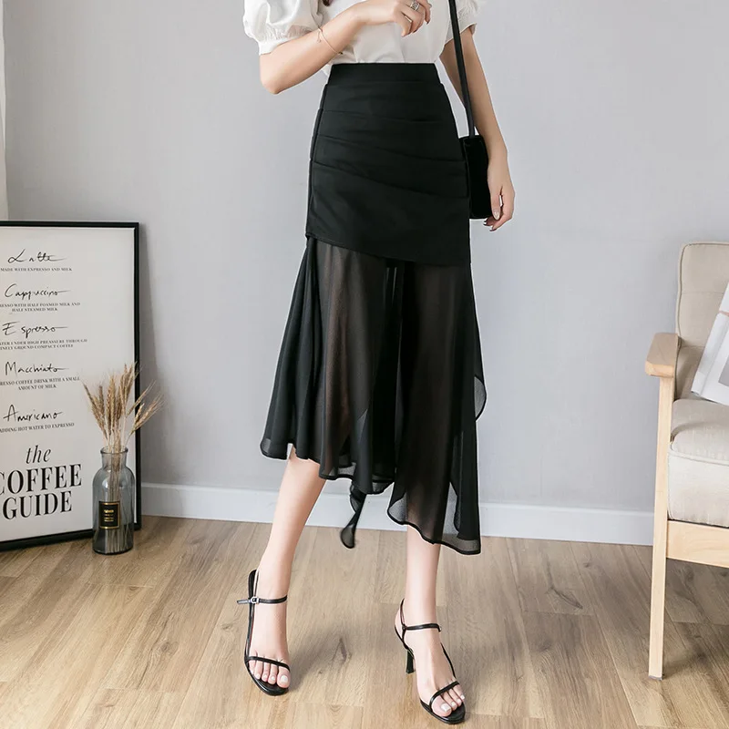

2019 Summer New Style Mid-length Stitching Gauze High-waisted Slim Fit Slimming Elegant Irregular Skirt