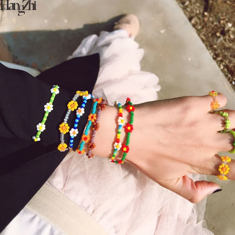 HangZhi-Pulseras de margaritas coreanas con flores, coloridas y transparentes, hechas a mano, elásticas, joyería, novedad de 2020