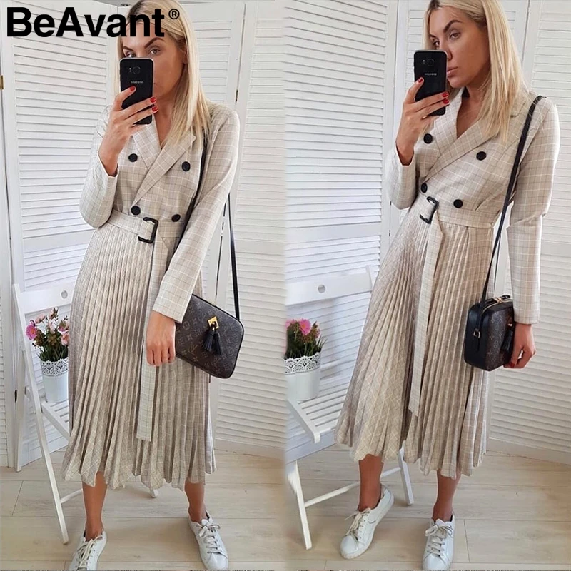 BeAvant, двубортное офисное платье, для женщин, элегантное, ТРАПЕЦИЕВИДНОЕ, с поясом, в клетку, блейзер, платья для женщин, с длинным рукавом, плиссированное, для девушек, vestidos
