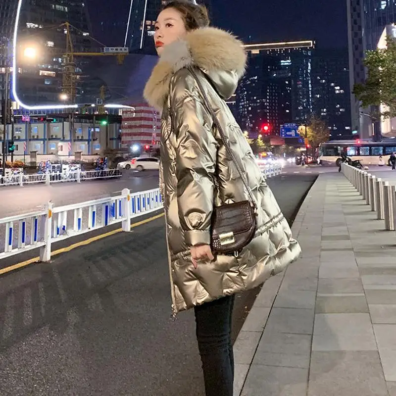 Maternity Winter Long Windbreaker Bright Face Down Padded Jacket New Pregnancy Woman Hooded Thicken Loose Parkas Big Fur Collar