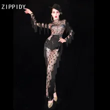 Стиль, комбинезон с кисточками в черный горошек, женские леггинсы для дня рождения, выпускного, танцев, одежда с бахромой, женская одежда для сцены