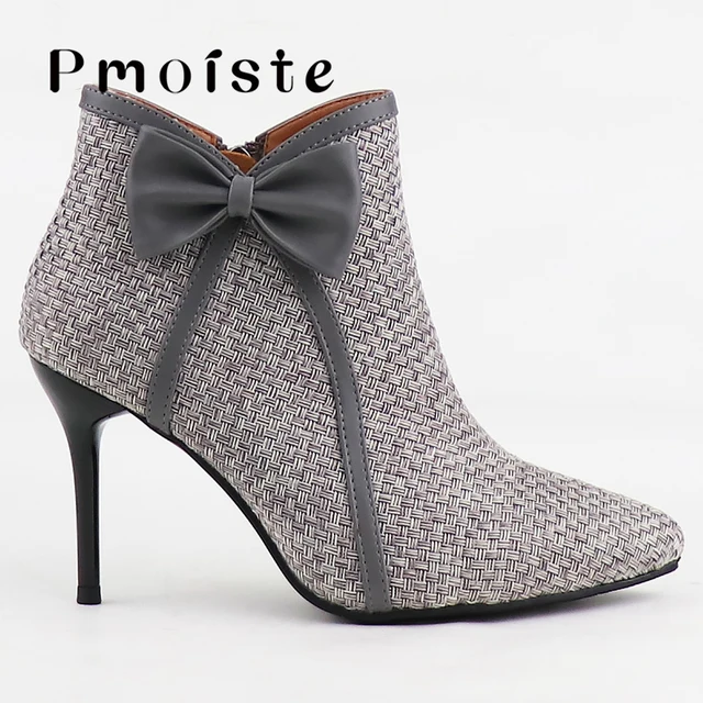 Women Ankle Boots 2021 New Fashion Woven Bow Ladies Shoes Thin High Heels Female Spring Autumn Zipper Blue Black Gray gray