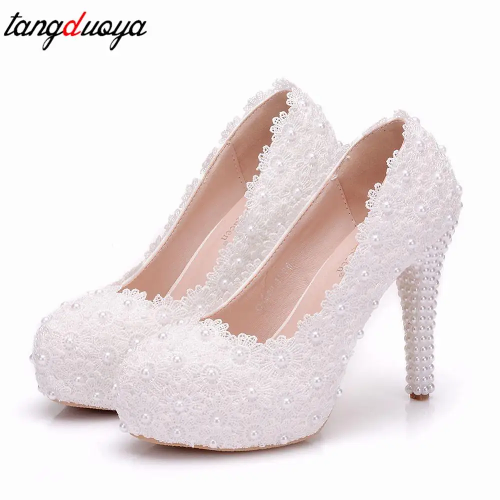 

women platform high heels flower white lace wedding shoes women pumps big size women bridal shoes female high heel shoes