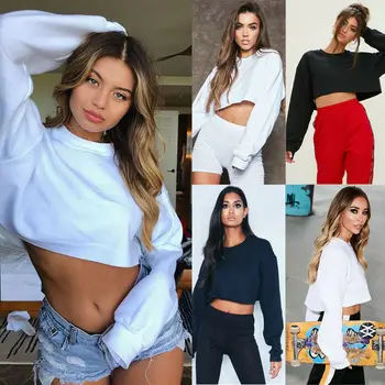 

USA Women Lady Casual Sexy Long Sleeve Short Sweatshirt Jumper Sweater Crop Top Pullover Coat Tops Stock