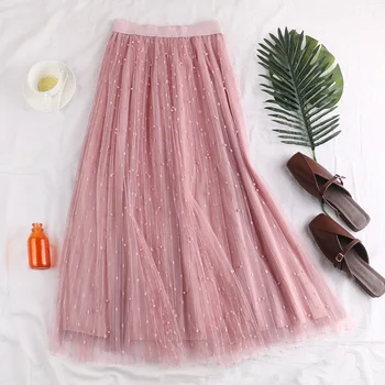 

spring new high waist show thin dot nail bead puff skirt double layer mesh half skirt all kinds of long skirt children