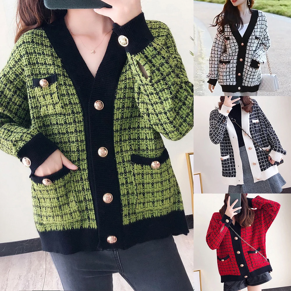 Женский свитер, куртка,, большой размер, вязанные кардиганы, свободные, в клетку, джемперы, Корейская одежда, халат, длинное пальто, Sueter Feminino