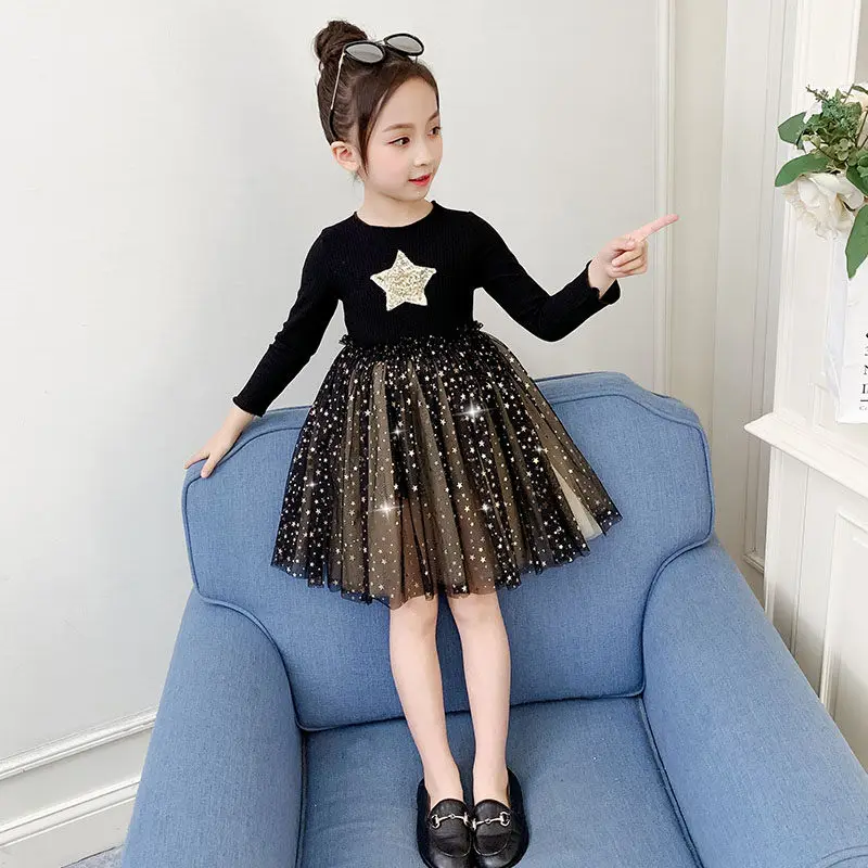 Long Sleeve Children Mesh Dress Stars Style Shining Sequin Party Evening Paillette Clothing High Quality Kids | Детская одежда и