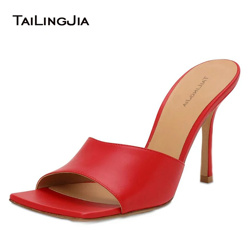 Square Toe High Heel Sandals Women Summer Shoes Red Woman Sandal Ladies Black Heels Fashion Heeled Mules Slippers Slides