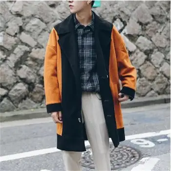 

Winter thickened fashion suede double-breasted color patchwork men overcoats Korean long loose casual homme trench coats