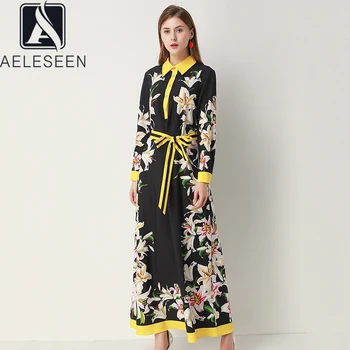 

AELESEEN 2020 Spring New Runway Floral Series Lily Print Straight Dresses Women Retro Design Elegant Sashes Casual Long Dress