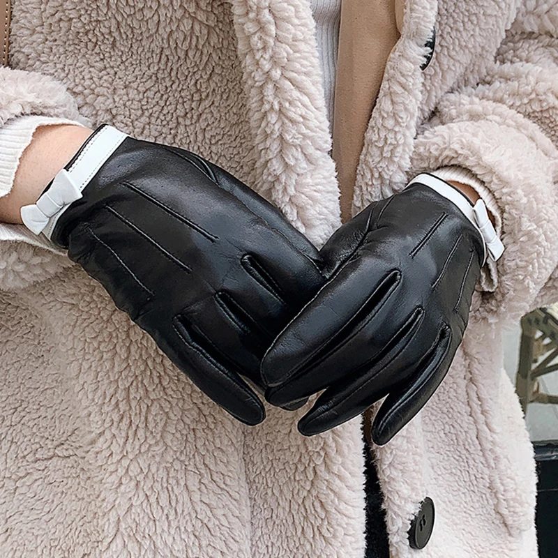 Women Driving Glove Luxury Brand Winter Women Mittens Female Bowknot Warm Leather Gloves 10