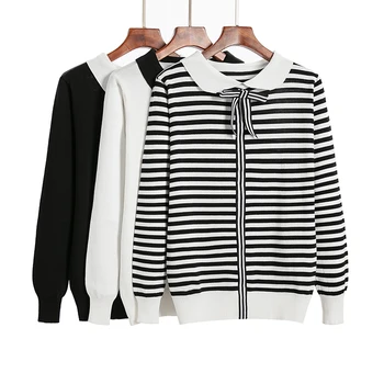 

Casual Sweater Women 2019 Autumn Spring Knitted Sweater Turn-down Collar Long Sleeve Striped Knitting Pullover Womens Sweaters