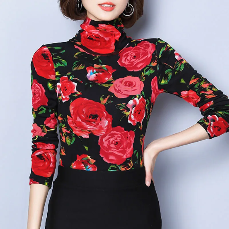 Осенние модные женские топы и блузки, повседневные женские топы с принтом розы, водолазка с длинным рукавом, женская одежда 5672 50 - Цвет: red