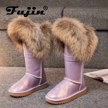 

Fujin Genuine Leather Mid-calf Boots Cow Female Anti-slip Waterproof Warm New Winter Women Boots genuines Fox Fur Snow Boots