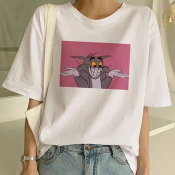 

Tees Cute Jerry Mouse Cat Tom Print Cartoon Casual Summer Tops T Shirt Women Fun Spoof Female Loose Letters Large Size