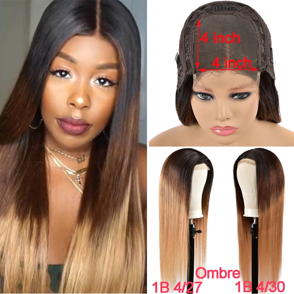 

Ombre 4x4 Lace Closure Human Hair Pre Plucked Wigs Peruvian Straight Lace Closure Wigs With Baby Hair For Black Women Remy 150%