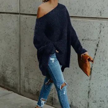 

Women Sweater Solid Color One Word Collar Long Sleeve Casual Warm Winter Autumn Loose Tops