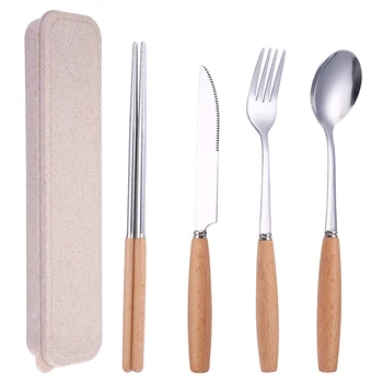 

Portable Utensils Set with Case-4 Pieces Wood Handle Reusable Flatware Set Fork Spoon Stainless Steel Portable Travel Utensil Se
