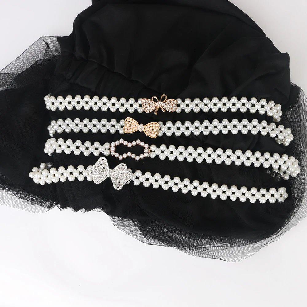 Rhinestone White Pearl butterfly Gold Buckle Weave White Elasticity  Belt Crytle For ladies girls on dress Waist accessories