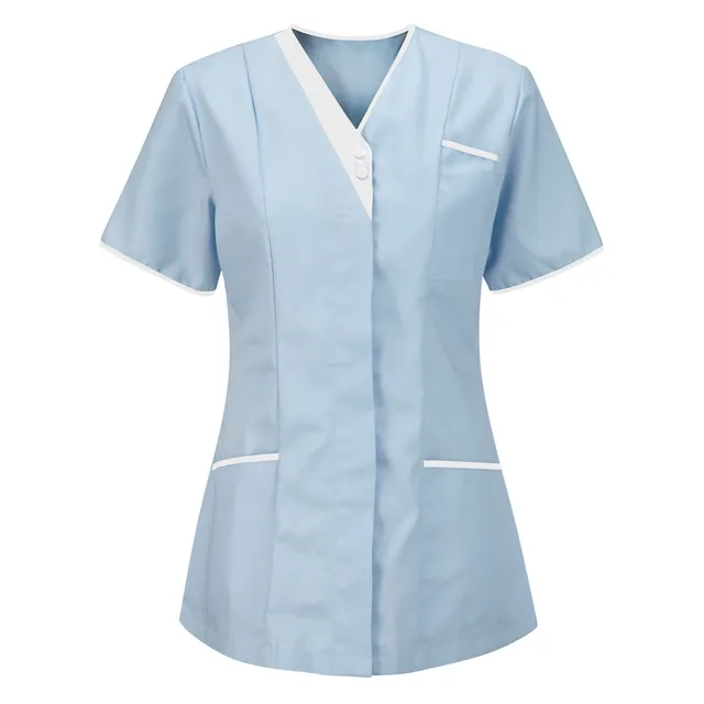 Healthcare Nurse Tunic Women Solid Pocket Scrub Tops Short Sleeve Blouse Beauty Salon Overalls Medical Dental VET Carer Uniforms BU