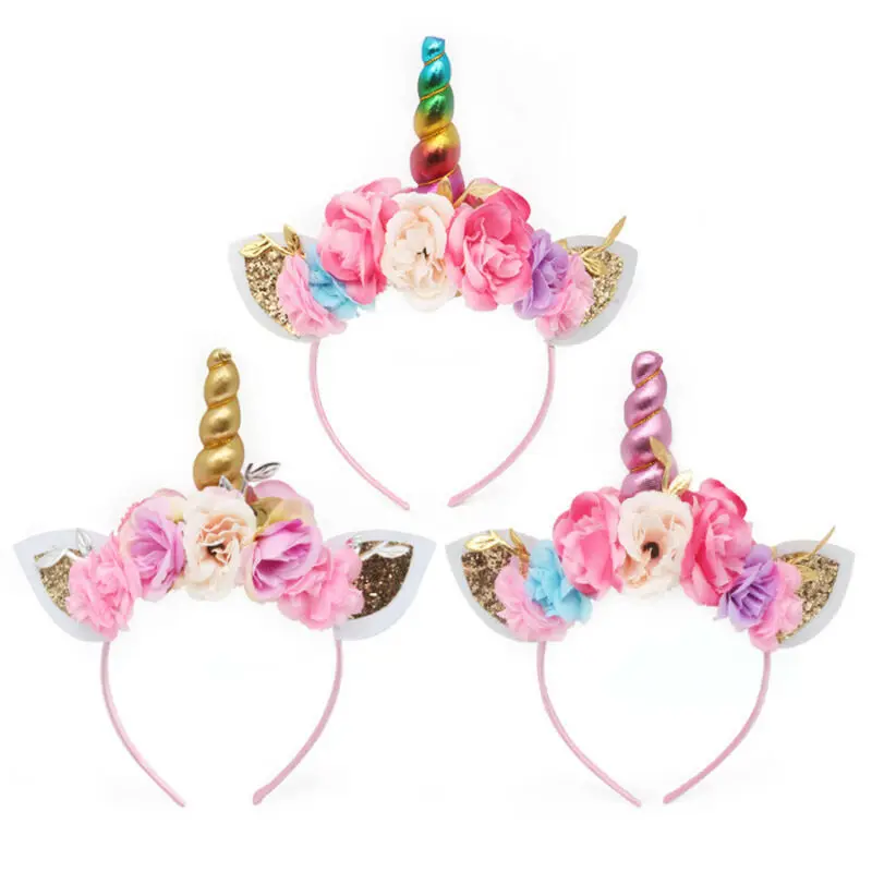

New Unicorn Horn Women Kids Flower HairBand Headband Party Fancy Dress Cosplay Costume Hairband