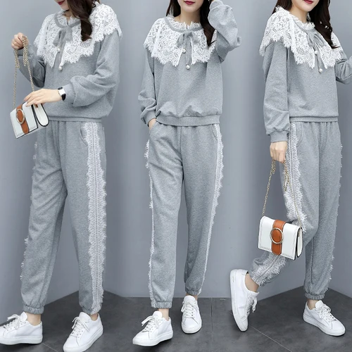 

4xl Plus Size Two Piece Outfits Lace Stitching 2 Piece Set Women Pant And Top Tracksuit For Women Matching Sets Women's Suit