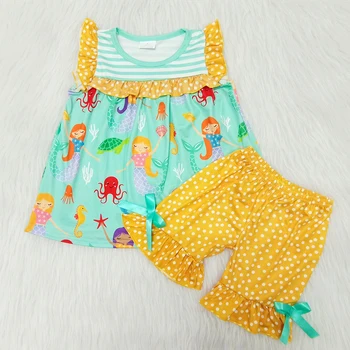 

2020 girls pattern outfits for baby girls fashion cartoon fish t shirt+dotted shorts 2 pcs sets with bow