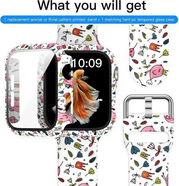 Silicone Strap+Cover for Apple Watch Bands 44mm 40mm 42mm 38mm Screen Protector, Glass+Silicone Wristband Strap for iwatch 2 in1 Case Band 06