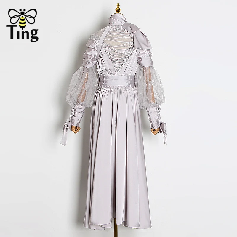 Tingfly весеннее дизайнерское платье для подиума с кружевами, роскошное вечернее платье с высокой талией и бантом на шее, длинное платье с однобортным поясом