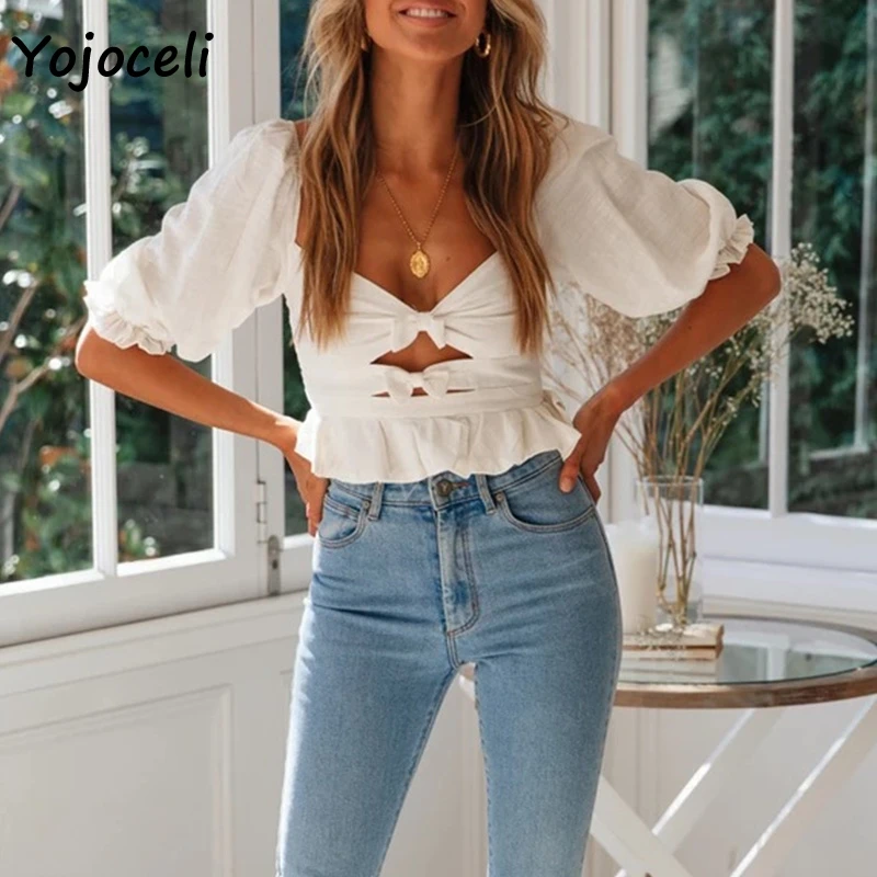 Yojoceli женские летние хлопковые блузки рубашка Женская квадратный вырез Пышный рукав бант блузки с коротким рукавом blusas