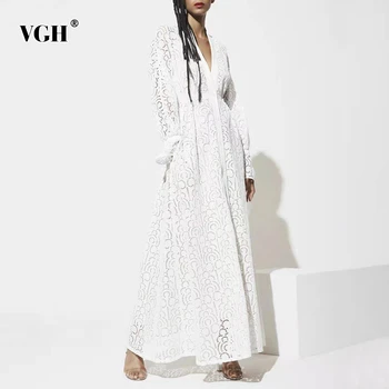 

VGH White Hollow Out Embroidery Dress For Women Flare Long Sleeve V Neck Loose Dresses Female 2020 Autumn Fashion New Clothes