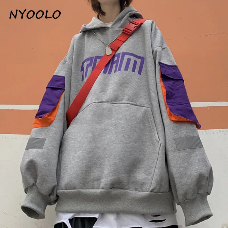 NYOOLO Harajuku дизайн с буквенным принтом большие карманы Лоскутная функция карго толстовки осень зима плюс бархат с капюшоном пуловеры толстовка женская мужская одежда топы