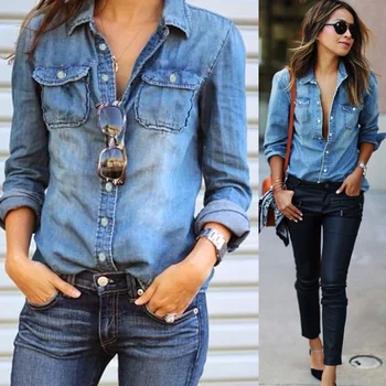 

fashion half sleeve denim shirts women solid buttons top mujer