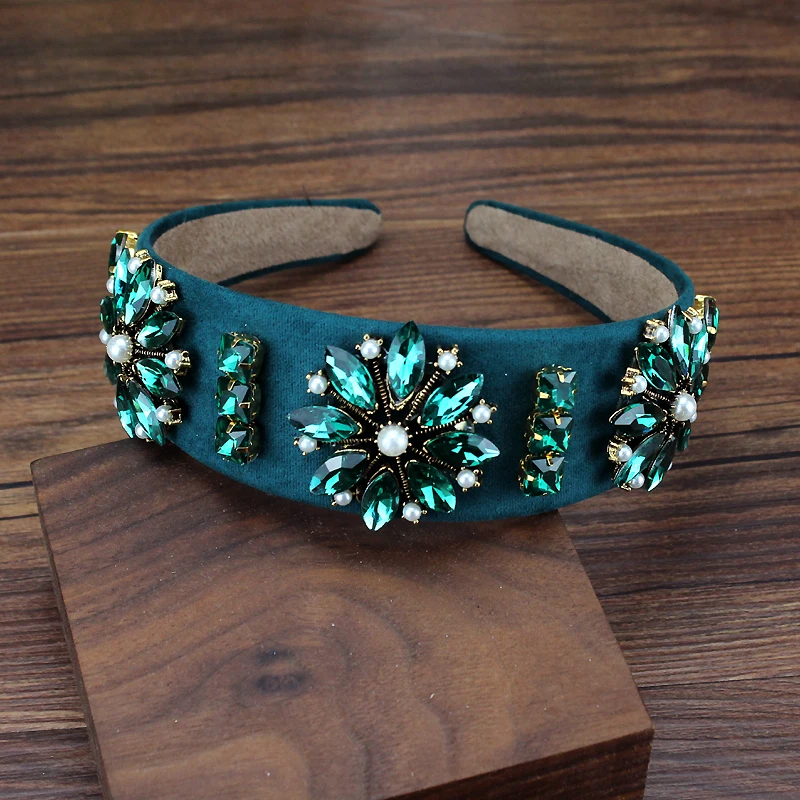 

wide vintage luxury green crystal wedding headband rhinestone headpiece pearl hairband for women hair accessories jewelry