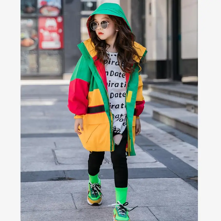 

Children's tooling hooded windbreaker 2019 Autumn Korean version fashion hit colorSpliced girls jacket Moids Kids Clothes Y1971