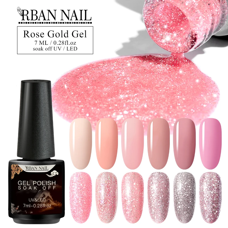 Гель-лак для ногтей RBAN цвета розового золота с голографическим блеском, чистый розовый цвет, Гель-лак для ногтей, маникюр, дизайн ногтей, замочить