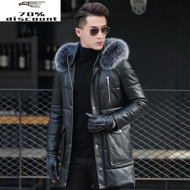 

Men's Sheepskin Coat Genuine Leather Winter Duck Down Jacket Men Fox Fur Collar Hooded Coat Mens Jacket ATR0822 YY328