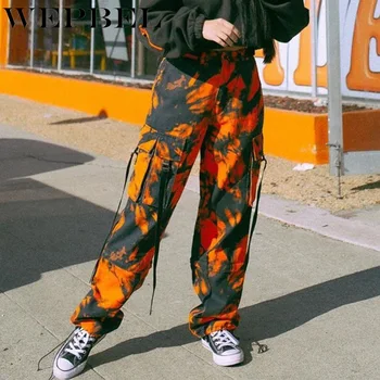 

WEPBEL Women Long Pants Trousers Street Pockets Sports Cargo Trousers Summer New Tie-Dye High Waist Casual Pants