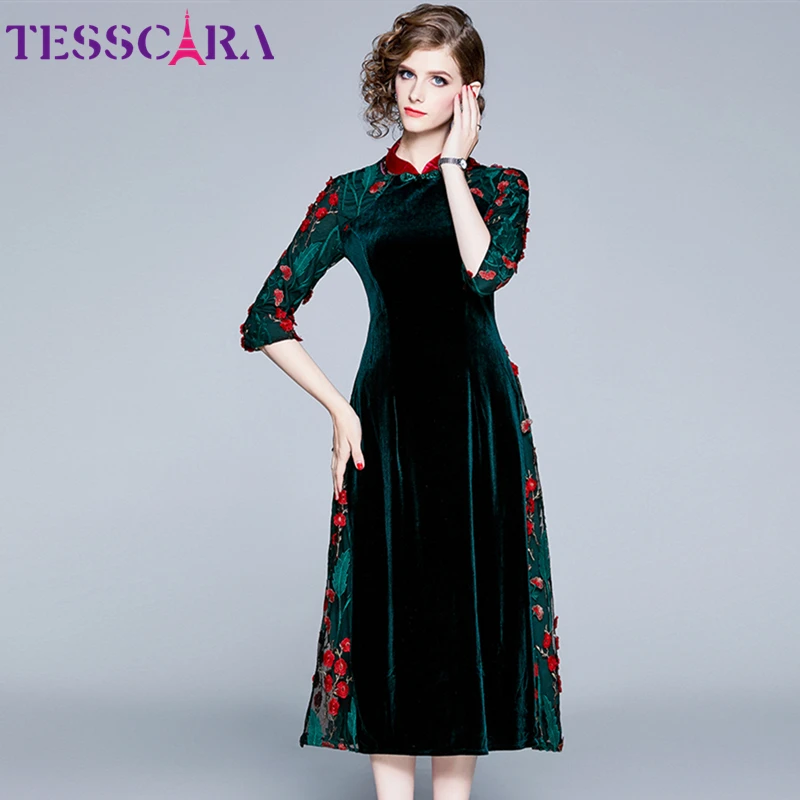 TESSCARA, женское роскошное бархатное платье с вышивкой, женские сетчатые дизайнерские коктейльные платья в китайском стиле, высококачественные вечерние платья